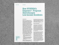 Issue Brief cover page printed on white paper, teal lettering reads "How NYSERDA's Empower+ Program Shortchanges Low-Income Residents", published January 2024. Pratt Center for Community Development logo is in the bottom left corner.