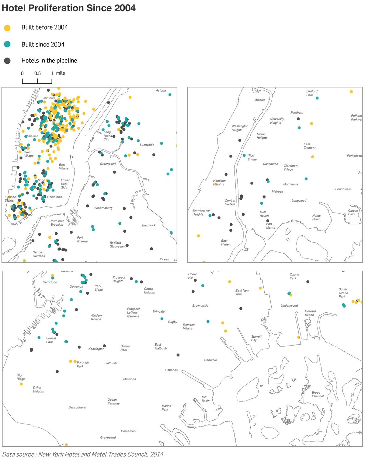 Map of hotel locations in NYC, including newer clusters in Sunset Park, western Queens, and the Bronx