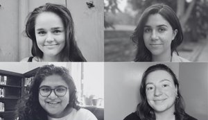 group of four black and white headshots. all young women with dark hair, smiling.